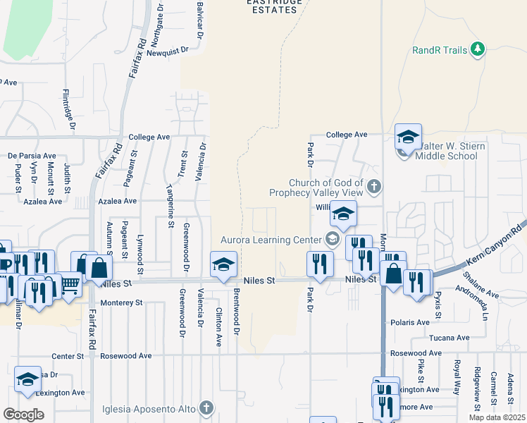 map of restaurants, bars, coffee shops, grocery stores, and more near 2301 Park Drive in Bakersfield