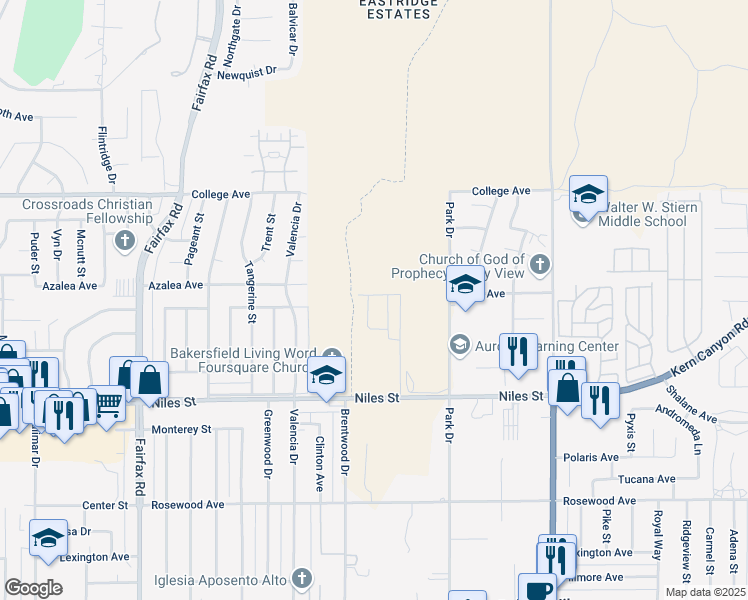 map of restaurants, bars, coffee shops, grocery stores, and more near 2301 Park Drive in Bakersfield