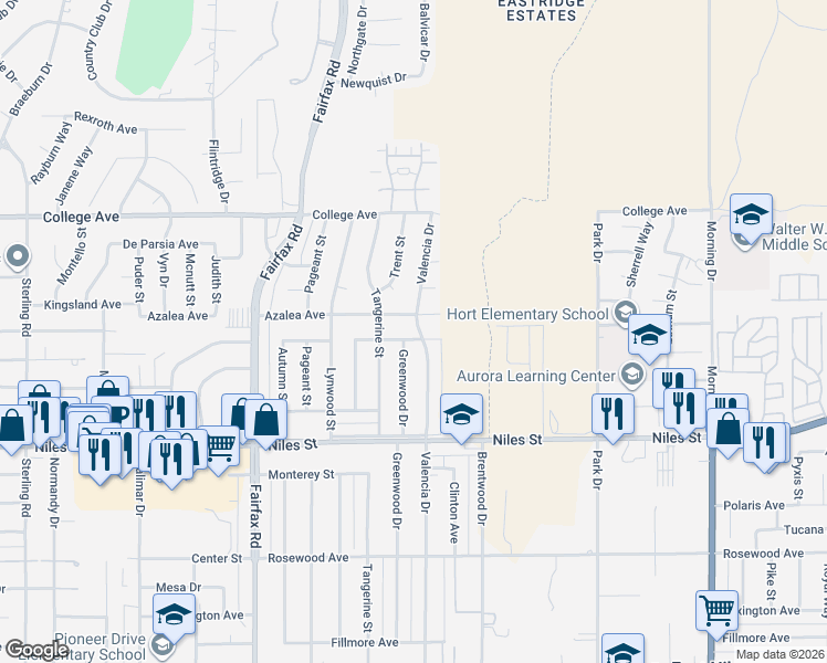 map of restaurants, bars, coffee shops, grocery stores, and more near 2309 Greenwood Drive in Bakersfield