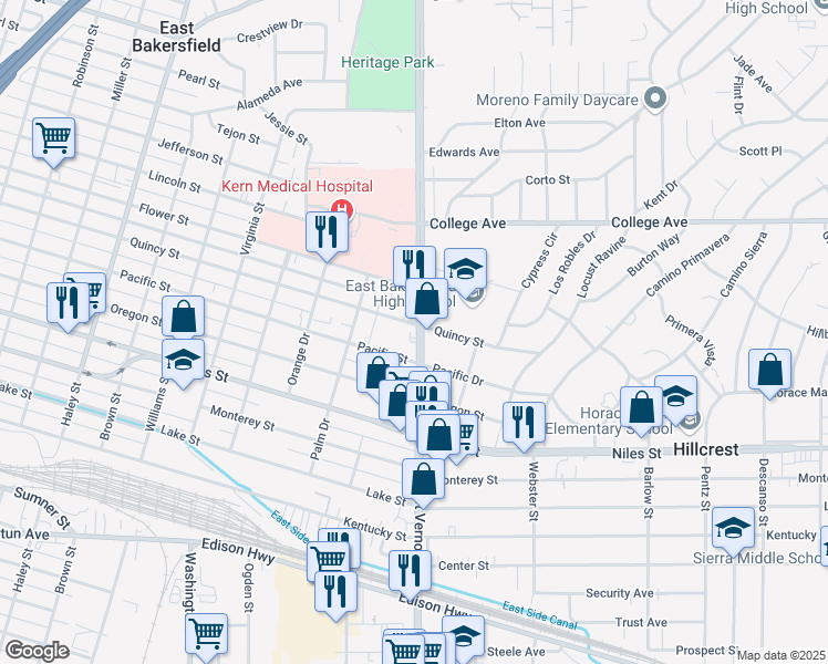 map of restaurants, bars, coffee shops, grocery stores, and more near 2120 Pacific Street in Bakersfield