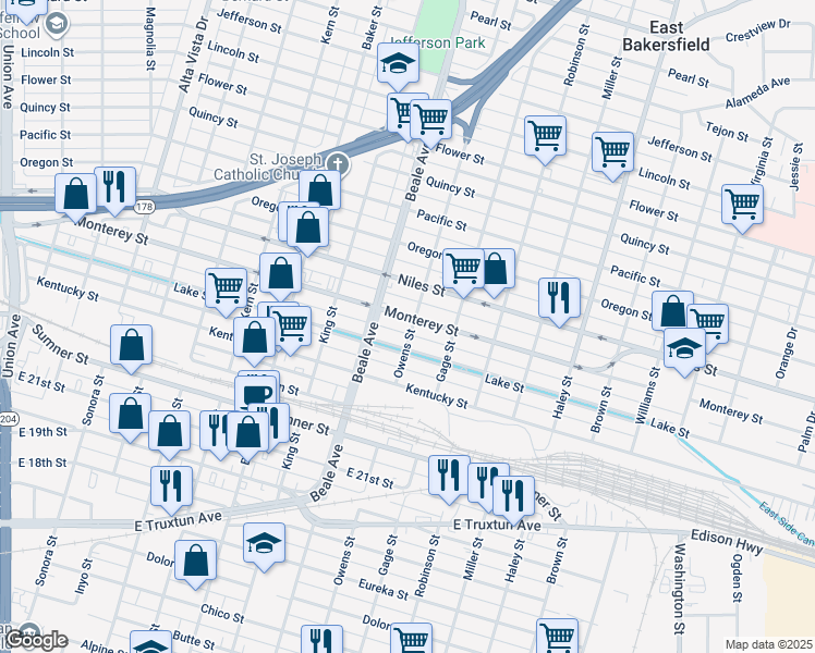 map of restaurants, bars, coffee shops, grocery stores, and more near 1130 Owens Street in Bakersfield