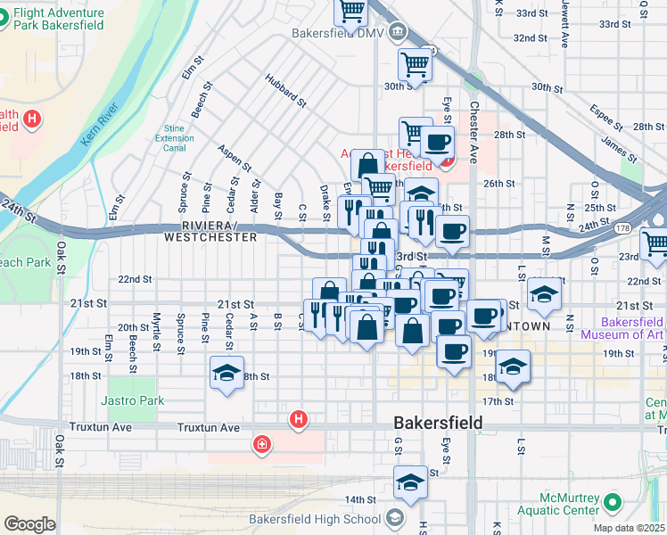 map of restaurants, bars, coffee shops, grocery stores, and more near 2001 22nd Street in Bakersfield