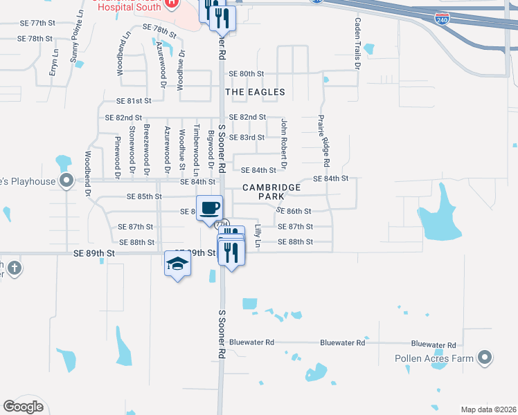 map of restaurants, bars, coffee shops, grocery stores, and more near 5704 Southeast 87th Street in Oklahoma City