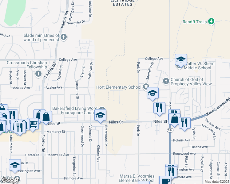 map of restaurants, bars, coffee shops, grocery stores, and more near 2817 Marivale Street in Bakersfield