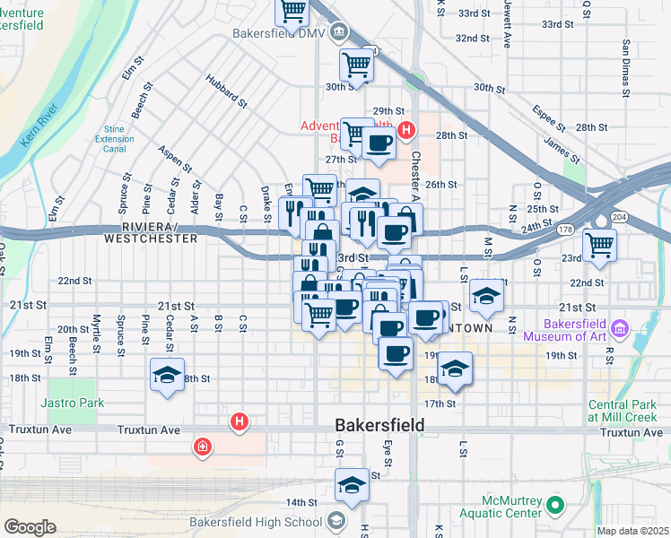 map of restaurants, bars, coffee shops, grocery stores, and more near 1729 22nd Street in Bakersfield