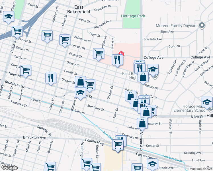 map of restaurants, bars, coffee shops, grocery stores, and more near 1821 Pacific Street in Bakersfield