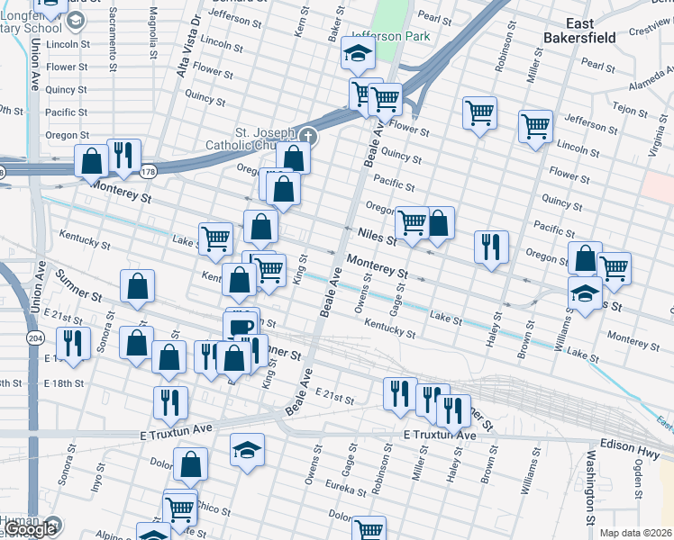 map of restaurants, bars, coffee shops, grocery stores, and more near Beale Avenue in Bakersfield