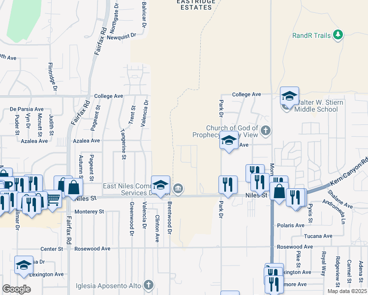 map of restaurants, bars, coffee shops, grocery stores, and more near 2817 Marivale Street in Bakersfield