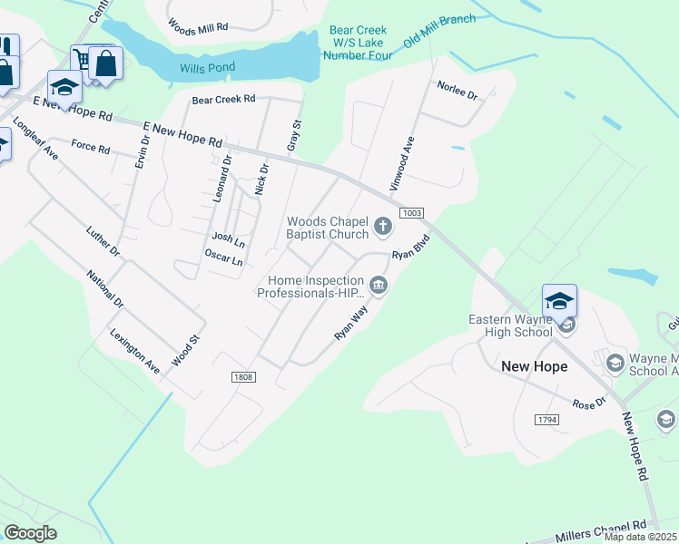 map of restaurants, bars, coffee shops, grocery stores, and more near 308 Ryan Boulevard in Goldsboro