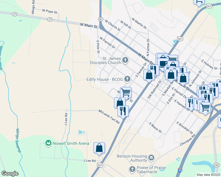 map of restaurants, bars, coffee shops, grocery stores, and more near 605 South Blackmon Street in Benson