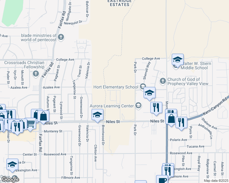 map of restaurants, bars, coffee shops, grocery stores, and more near 2816 Mallow Way in Bakersfield