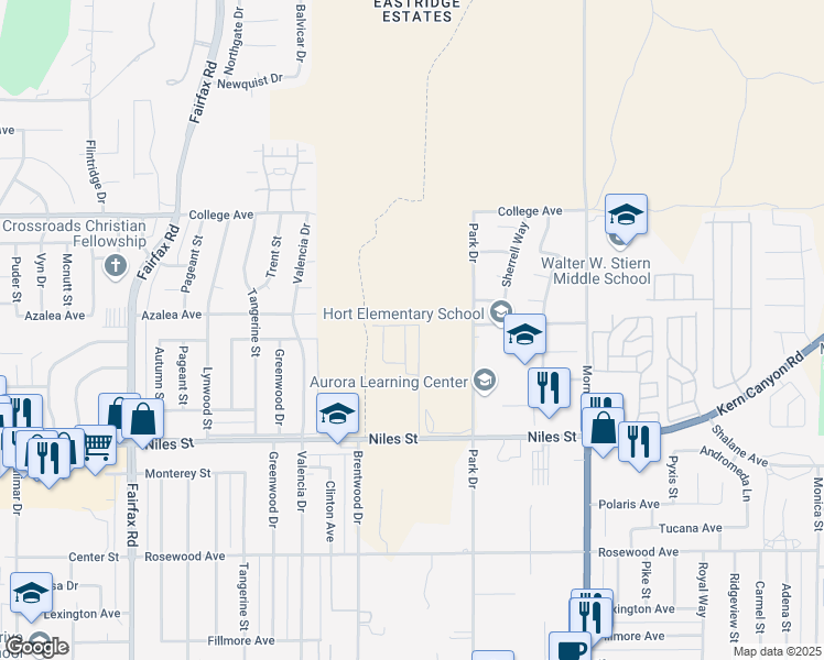 map of restaurants, bars, coffee shops, grocery stores, and more near 2823 Mallow Way in Bakersfield