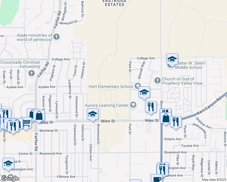 map of restaurants, bars, coffee shops, grocery stores, and more near 2823 Mallow Way in Bakersfield