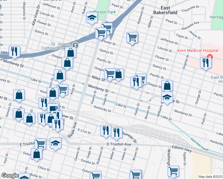 map of restaurants, bars, coffee shops, grocery stores, and more near 1108 Monterey Street in Bakersfield