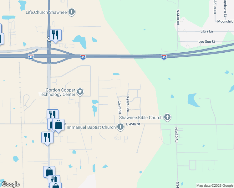 map of restaurants, bars, coffee shops, grocery stores, and more near 4707 Churchill in Shawnee