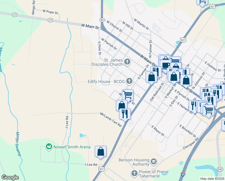 map of restaurants, bars, coffee shops, grocery stores, and more near 605 South Blackmon Street in Benson