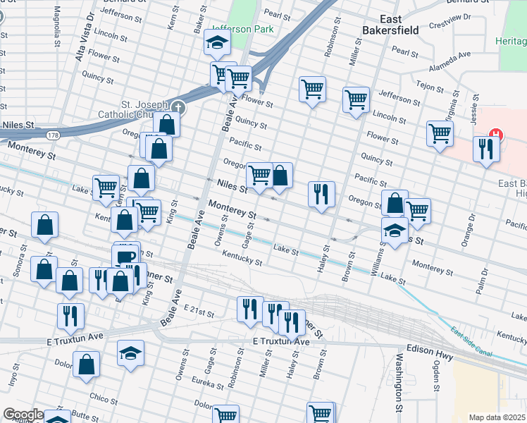 map of restaurants, bars, coffee shops, grocery stores, and more near 1108 Monterey Street in Bakersfield