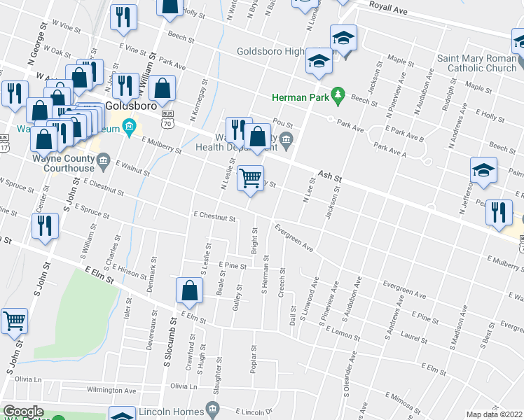 map of restaurants, bars, coffee shops, grocery stores, and more near 813 East Walnut Street in Goldsboro