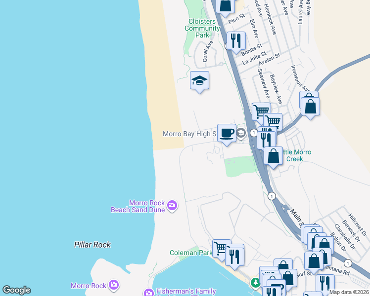 map of restaurants, bars, coffee shops, grocery stores, and more near 113 Atascadero Road in Morro Bay