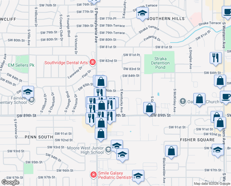 map of restaurants, bars, coffee shops, grocery stores, and more near 1508 Southwest 87th Street in Oklahoma City