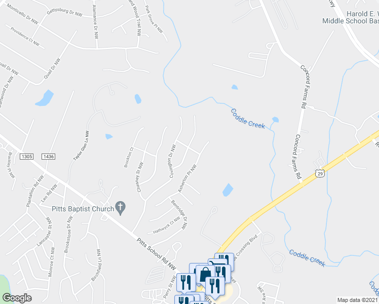 map of restaurants, bars, coffee shops, grocery stores, and more near 4778 Lauren Glen Street Northwest in Concord