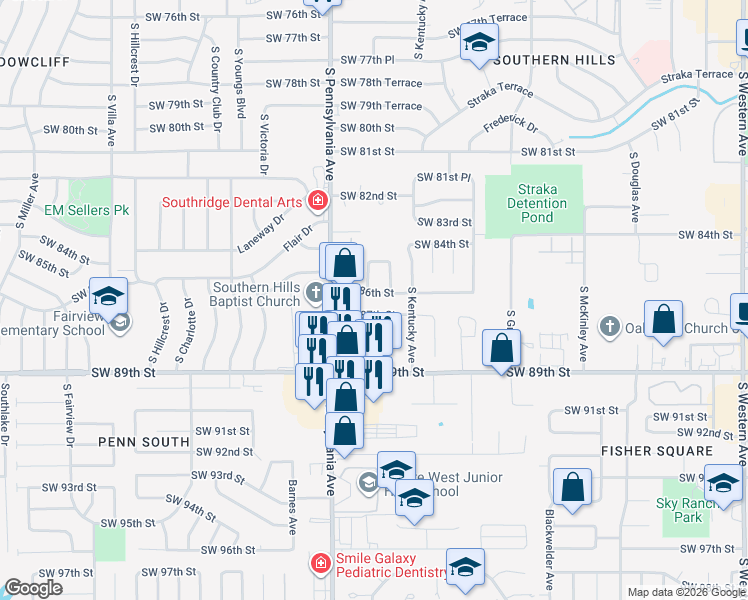 map of restaurants, bars, coffee shops, grocery stores, and more near 1648 Southwest 86th Street in Oklahoma City
