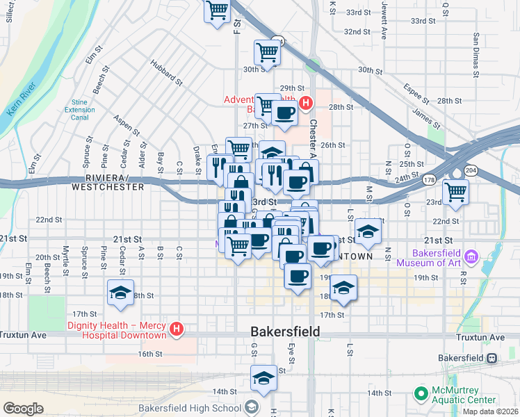 map of restaurants, bars, coffee shops, grocery stores, and more near 2226 G Street in Bakersfield