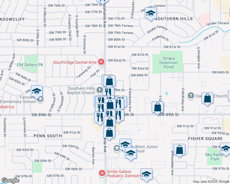 map of restaurants, bars, coffee shops, grocery stores, and more near 1664 Southwest 86th Street in Oklahoma City