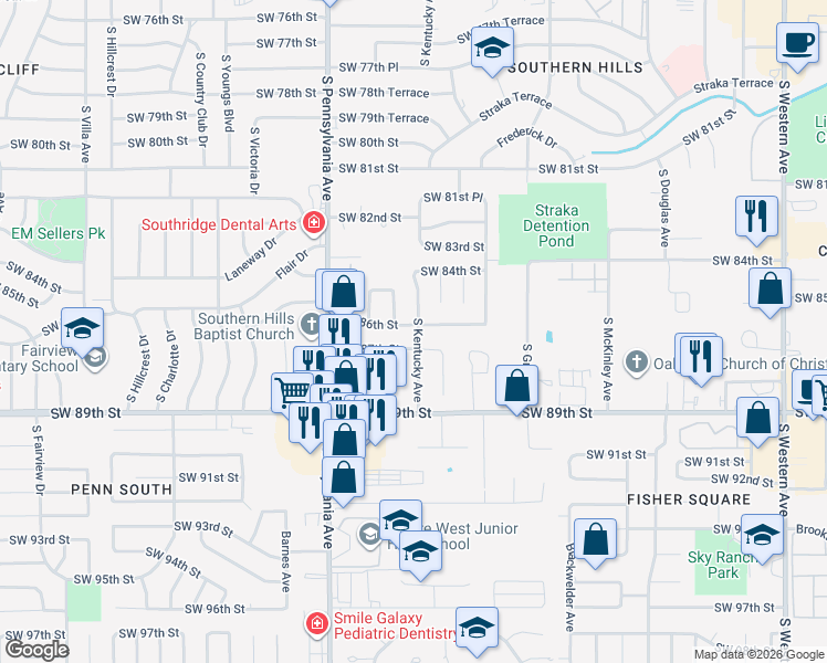 map of restaurants, bars, coffee shops, grocery stores, and more near 1508 Southwest 87th Street in Oklahoma City