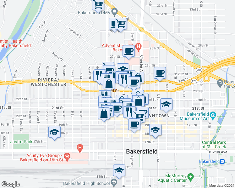 map of restaurants, bars, coffee shops, grocery stores, and more near 1729 22nd Street in Bakersfield