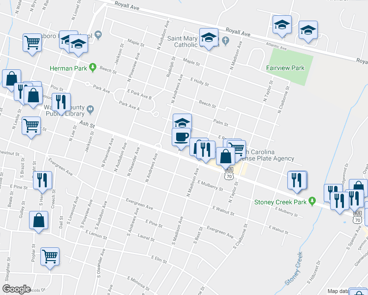 map of restaurants, bars, coffee shops, grocery stores, and more near 1609 Ash Street in Goldsboro