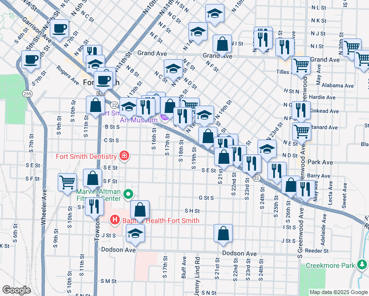 map of restaurants, bars, coffee shops, grocery stores, and more near 500 South 19th Street in Fort Smith