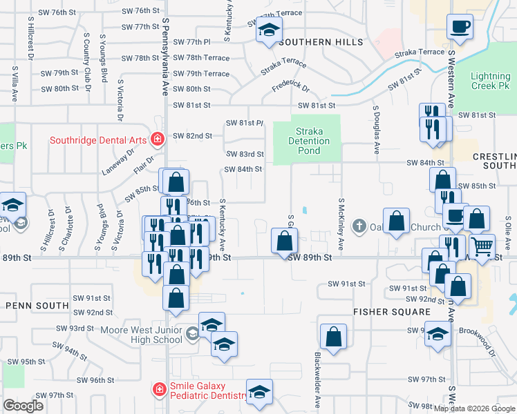 map of restaurants, bars, coffee shops, grocery stores, and more near 1401 Southwest 89th Street in Oklahoma City