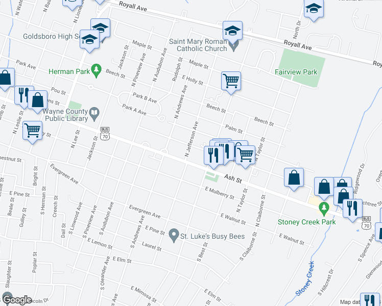 map of restaurants, bars, coffee shops, grocery stores, and more near 304 North Jefferson Avenue in Goldsboro