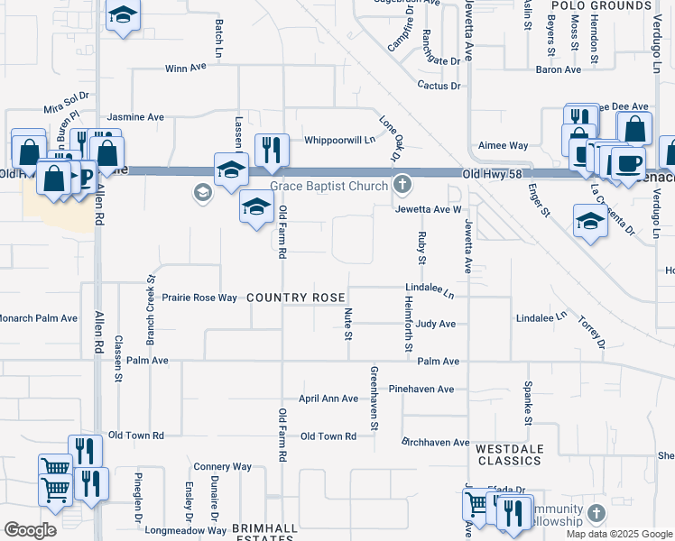 map of restaurants, bars, coffee shops, grocery stores, and more near 2112 Autumn Rose Court in Bakersfield