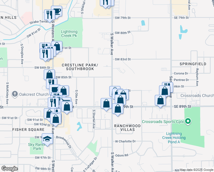 map of restaurants, bars, coffee shops, grocery stores, and more near 8801 South Walker Avenue in Oklahoma City