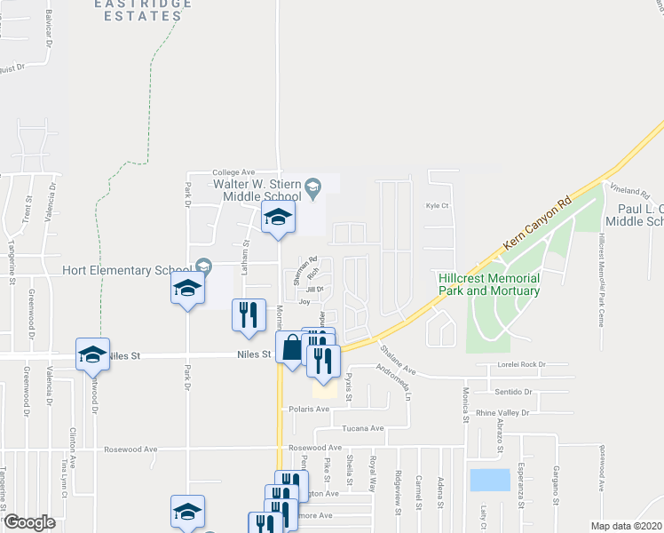 map of restaurants, bars, coffee shops, grocery stores, and more near Parklander in Bakersfield