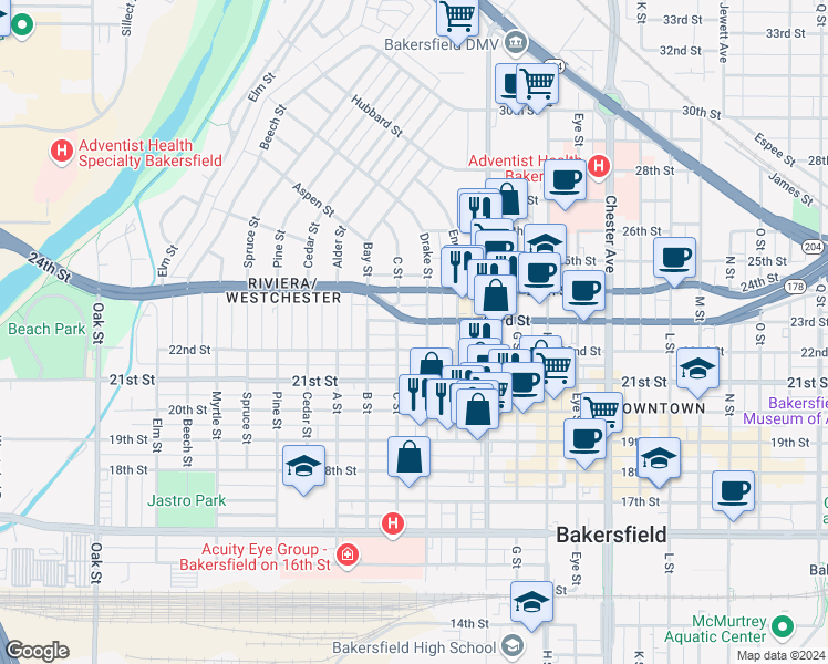 map of restaurants, bars, coffee shops, grocery stores, and more near 2111 23rd Street in Bakersfield