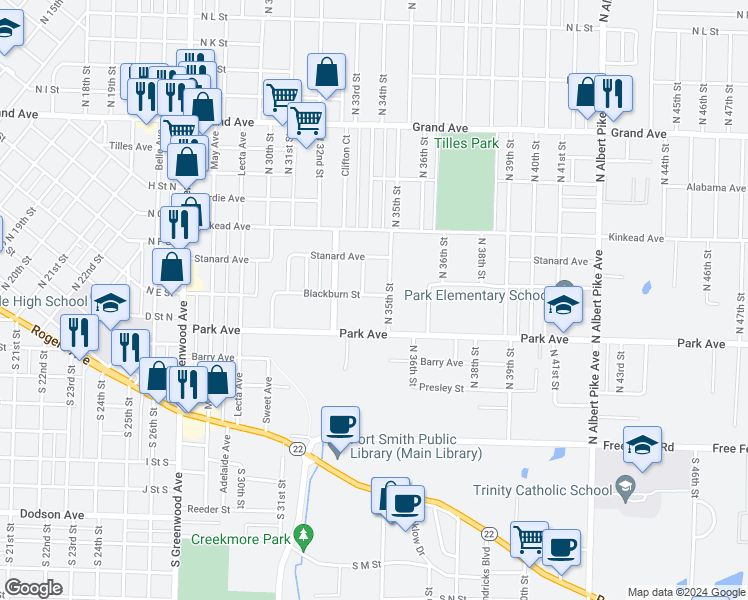 map of restaurants, bars, coffee shops, grocery stores, and more near 3408 Blackburn Street in Fort Smith