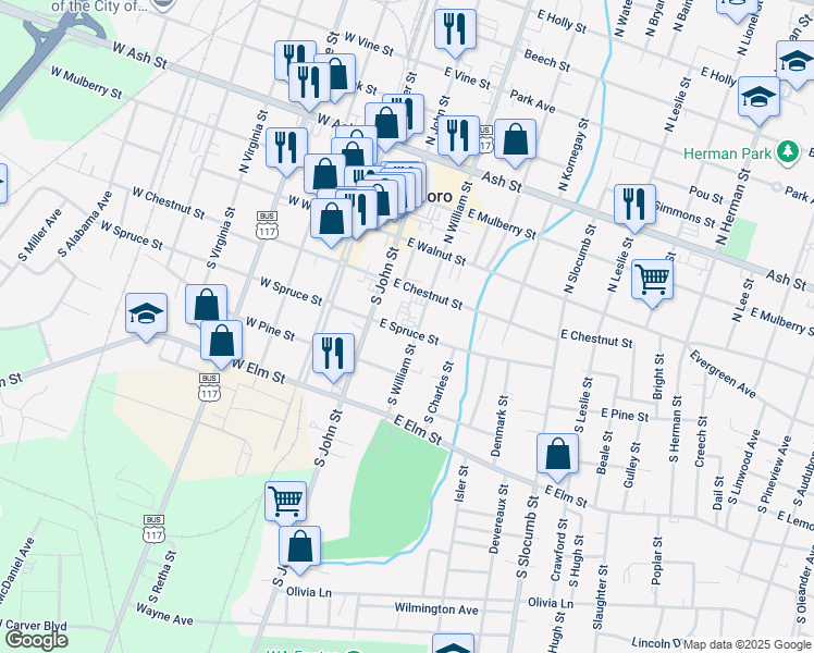 map of restaurants, bars, coffee shops, grocery stores, and more near 213 South William Street in Goldsboro