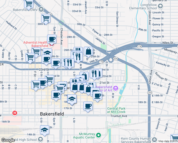 map of restaurants, bars, coffee shops, grocery stores, and more near 1115 22nd Street in Bakersfield