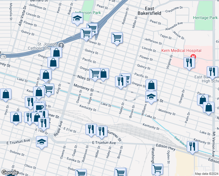 map of restaurants, bars, coffee shops, grocery stores, and more near 1215 Niles Street in Bakersfield