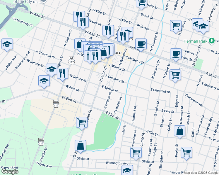 map of restaurants, bars, coffee shops, grocery stores, and more near 213 South William Street in Goldsboro
