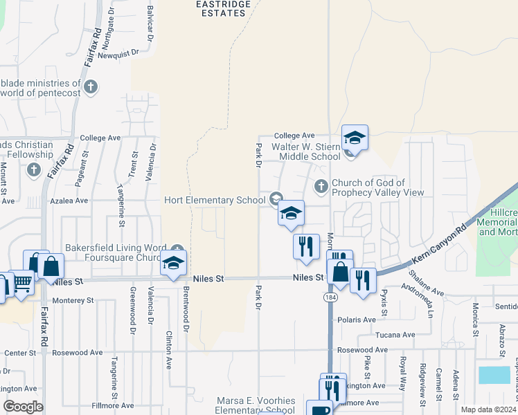 map of restaurants, bars, coffee shops, grocery stores, and more near 2499 Park Drive in Bakersfield