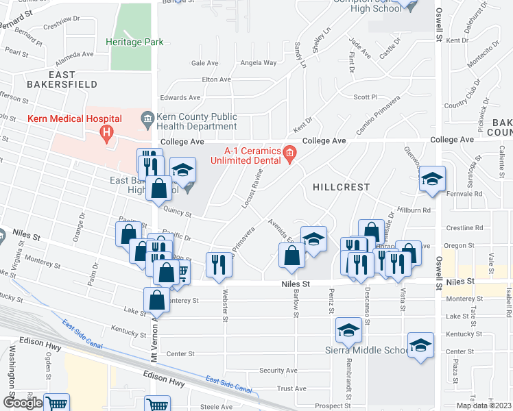 map of restaurants, bars, coffee shops, grocery stores, and more near 2406 Avenue Escuela in Bakersfield