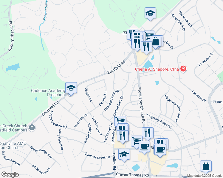 map of restaurants, bars, coffee shops, grocery stores, and more near 6701 Sweetfield Drive in Charlotte