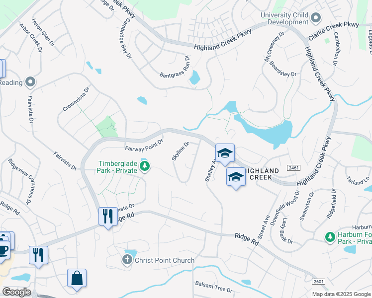 map of restaurants, bars, coffee shops, grocery stores, and more near 6413 Skyline Drive in Charlotte