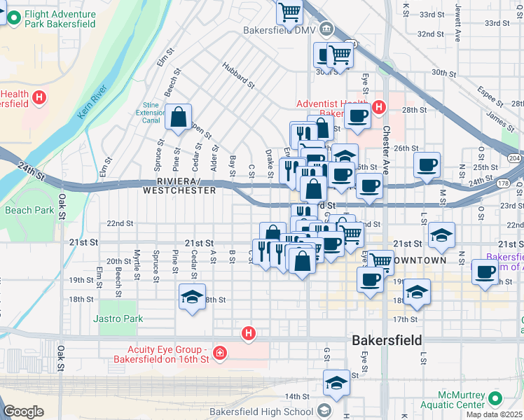 map of restaurants, bars, coffee shops, grocery stores, and more near 2111 23rd Street in Bakersfield