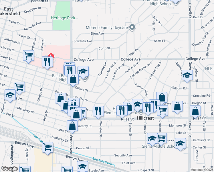 map of restaurants, bars, coffee shops, grocery stores, and more near 1705 Los Robles Drive in Bakersfield