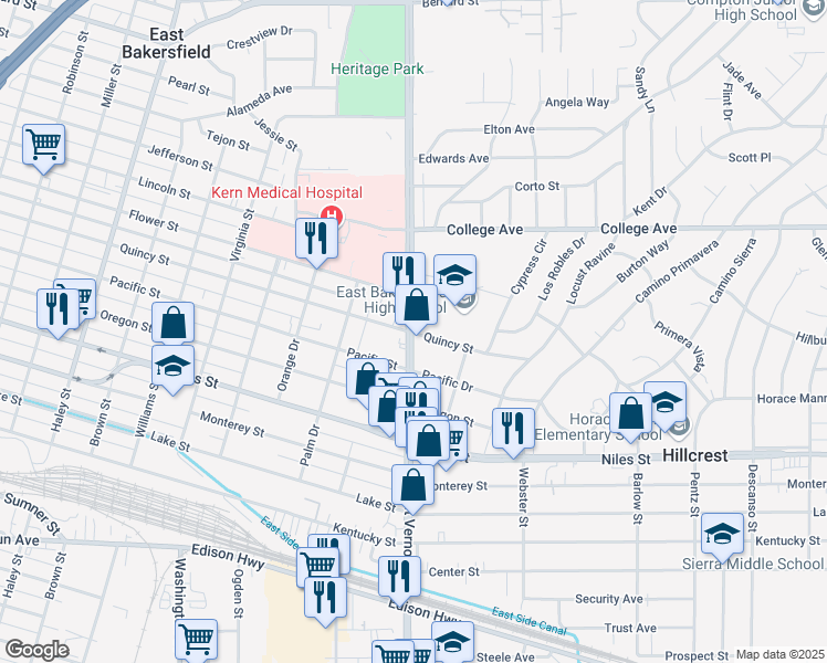 map of restaurants, bars, coffee shops, grocery stores, and more near 1606 Mount Vernon Avenue in Bakersfield